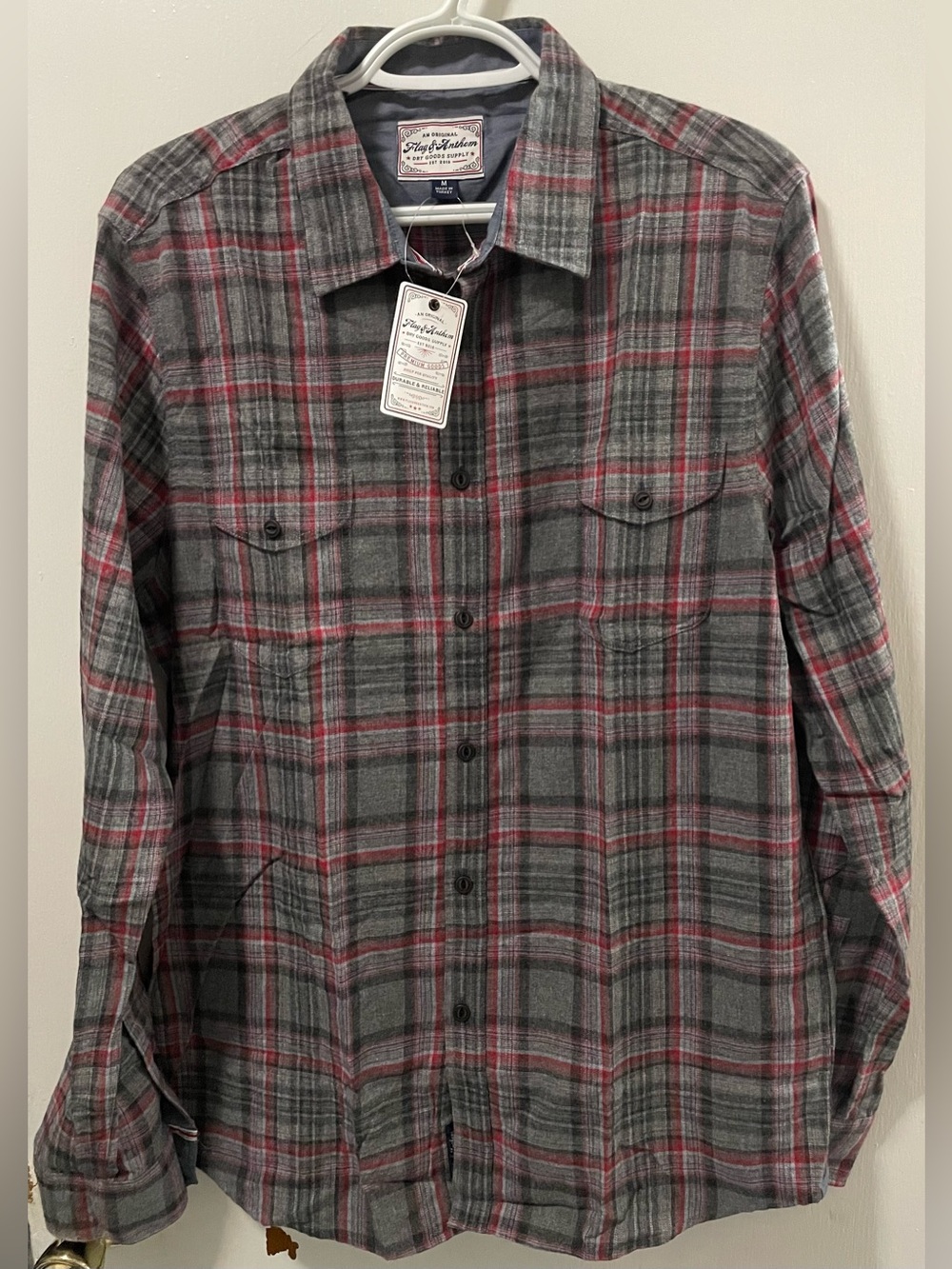 Flag & Anthem Men’s Charcoal Red Long Sleeve Button Up Plaid Shirt Size Medium M